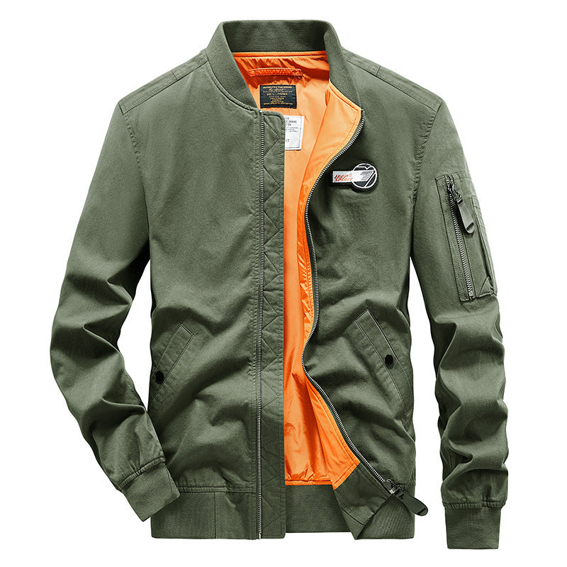Men's pilot style bomber jacket with contrast color lining, arm pocket, and ribbed hem Fashion Glam