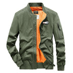 Men's pilot style bomber jacket with contrast color lining, arm pocket, and ribbed hem Fashion Glam