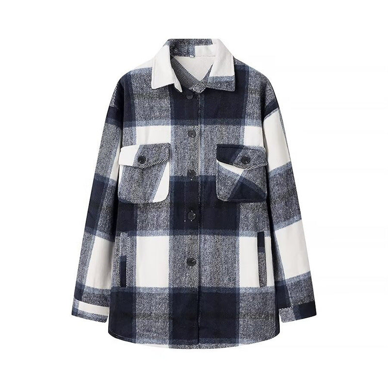 Women's Checked Overshirt in Shacket Style with Patch Chest Pockets and Soft Flannel Look Fashion Glam