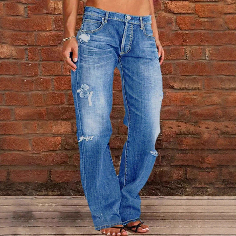 Women's casual loose denim pants in baggy style with distressed rips Fashion Glam