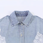 Women cropped denim jacket with lace trim and dropped shoulder Fashion Glam