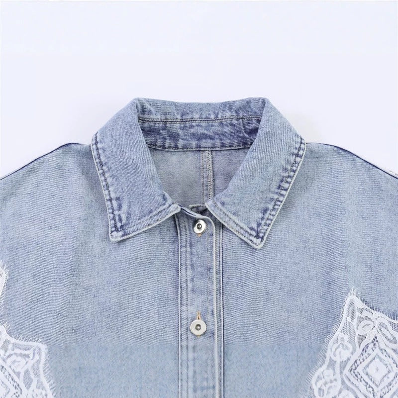 Women cropped denim jacket with lace trim and dropped shoulder Fashion Glam