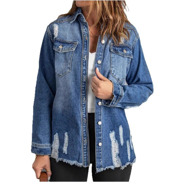 Women Casual Oversized Denim Jacket with Destroyed Details, Shirt Collar and Fringed Hem Fashion Glam
