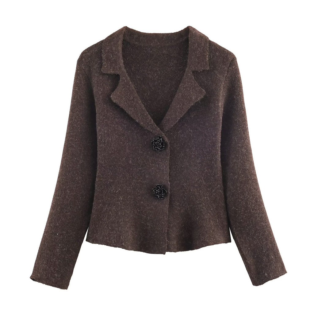 Women's short tailored wool look jacket with lapel collar and decorative floral buttons Fashion Glam