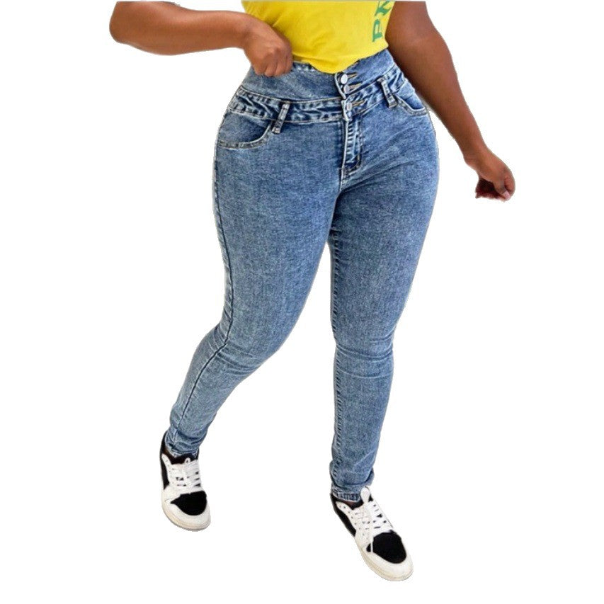Ladies High-Waisted Sculpting Skinny Jeans with Waist-Shaping Overlap Band and Push-Up Effect Fashion Glam