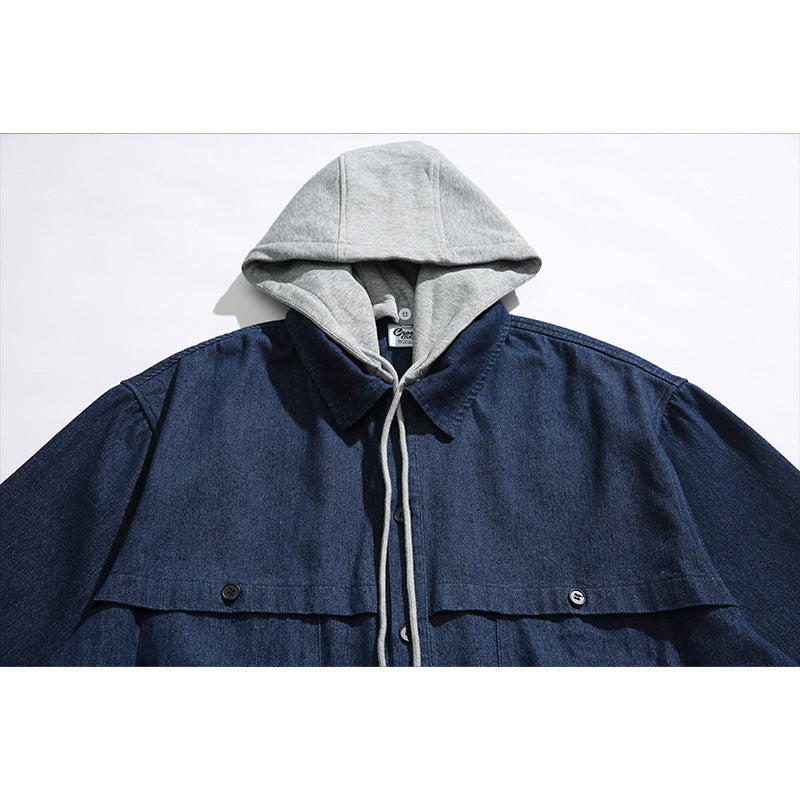 Unisex Boxy Jeans Overshirt Jacket with Attached Hood and Multifunction Pockets Fashion Glam