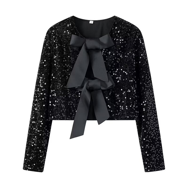 Women's short bolero jacket with sequin trim and double tied satin bows Fashion Glam