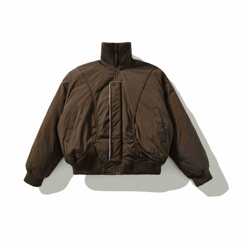 Unisex Short Cut Volume Bomber Jacket with High Ribbed Collar, Concealed Press Stud Placket and Rounded Flap Pockets Fashion Glam