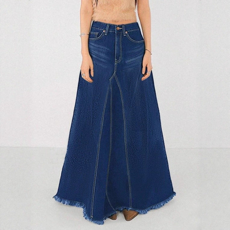Women’s high-waisted A-line denim maxi skirt with decorative seams and raw fringe hem Fashion Glam