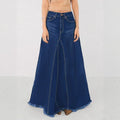 Women’s high-waisted A-line denim maxi skirt with decorative seams and raw fringe hem Fashion Glam
