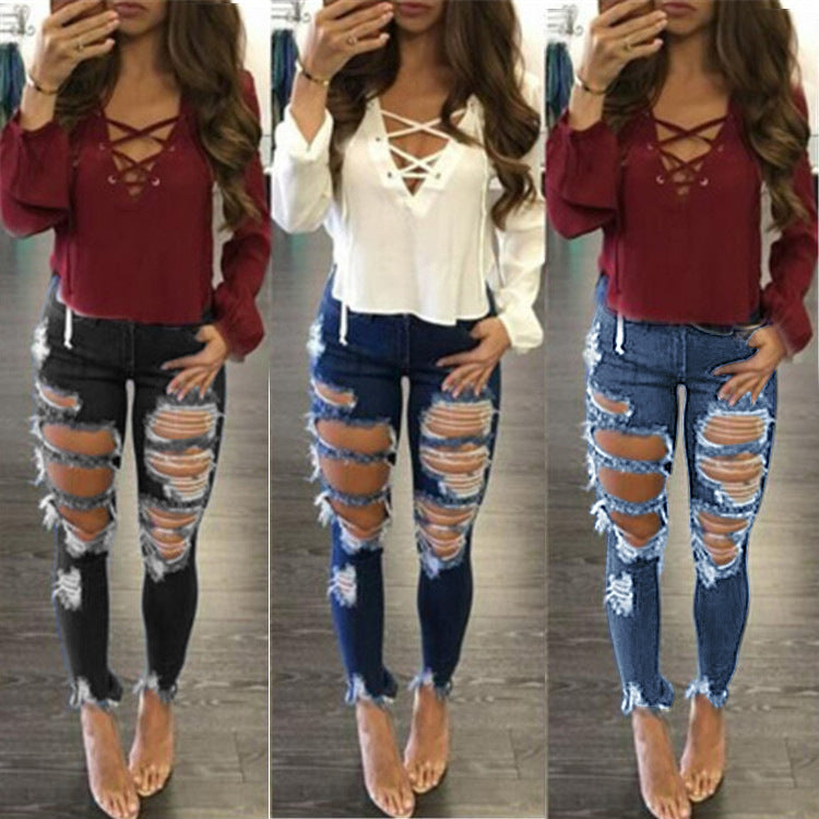 Ladies extreme ripped high-waist skinny jeans with raw fringe waistband Fashion Glam