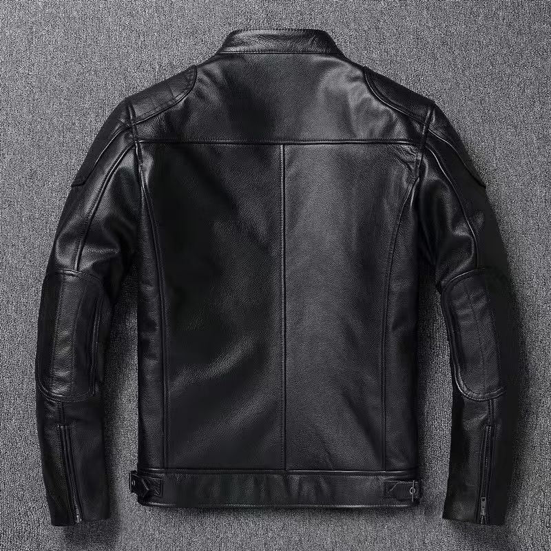 Men's Vintage Biker Leather Jacket with Stand Collar and Quilted Shoulder Padding Fashion Glam