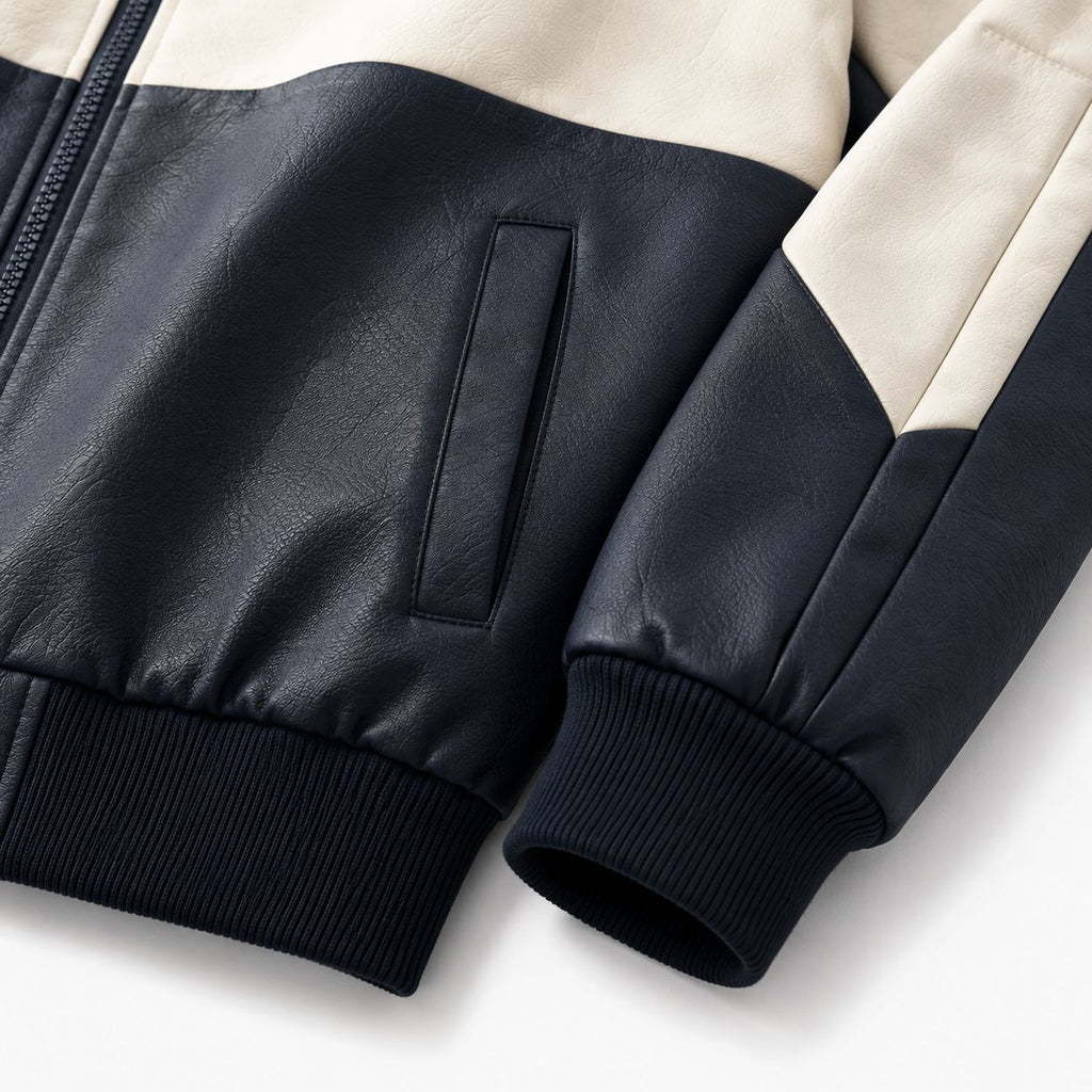 Men's Sporty Hooded Bomber with Faux Leather Look, Contrast Stripes and Zipper Fashion Glam