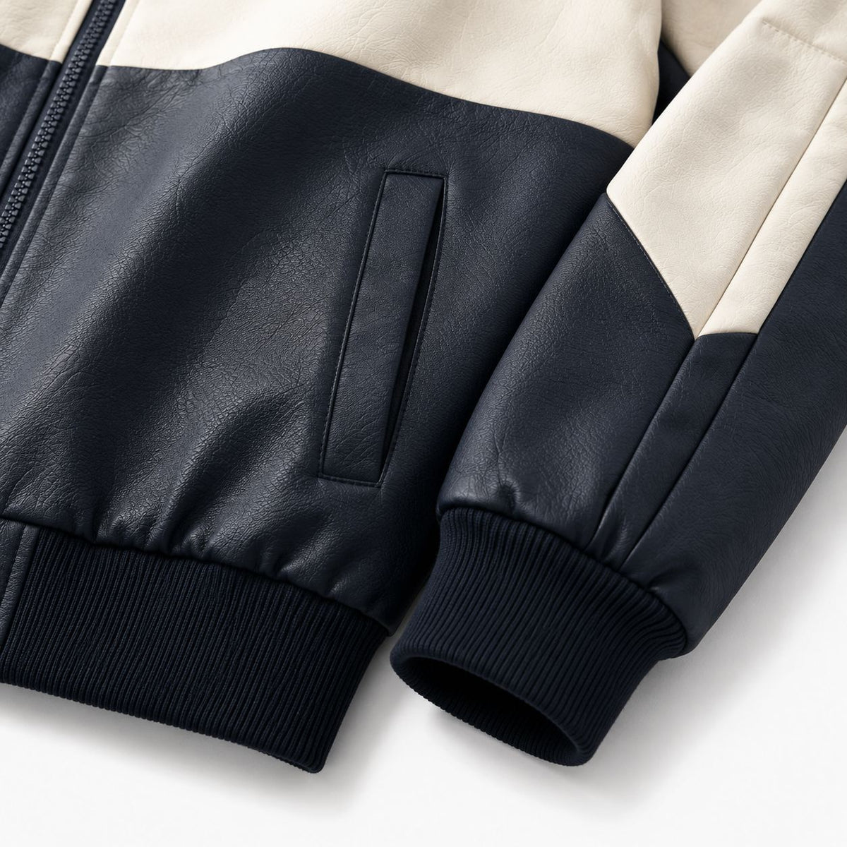 Men's Sporty Hooded Bomber with Faux Leather Look, Contrast Stripes and Zipper Fashion Glam
