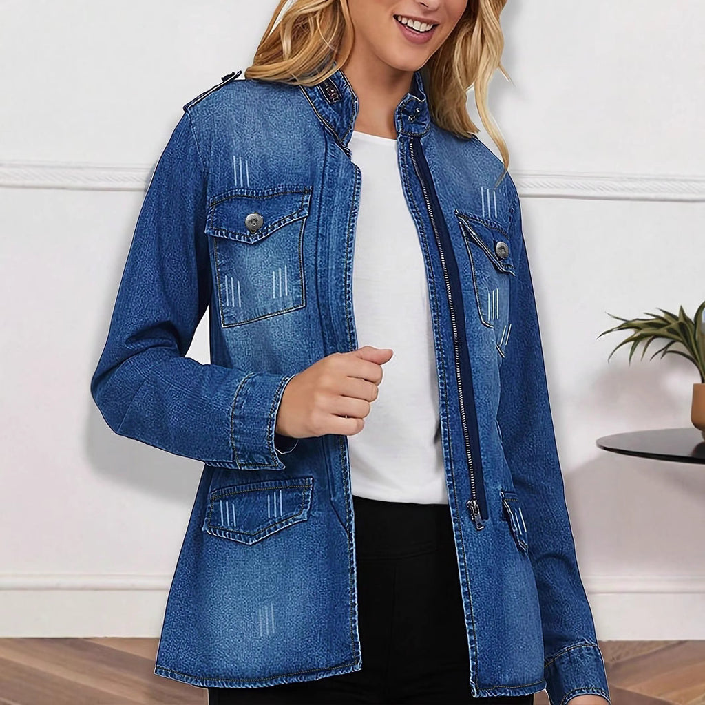 Women tailored denim jacket in military style with stand-up collar and flap pockets Fashion Glam