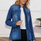 Women tailored denim jacket in military style with stand-up collar and flap pockets Fashion Glam