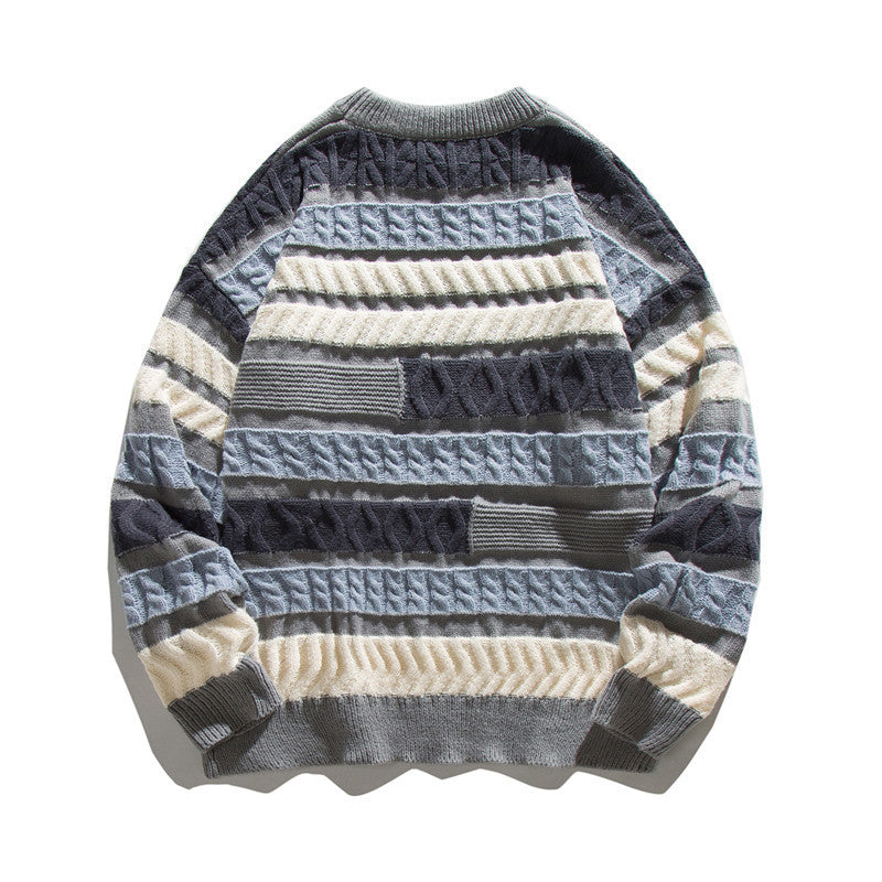 Unisex Oversize Knit Sweater with Patchwork Cable Pattern and Round Neck Fashion Glam