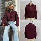 Women's oversized bomber jacket with asymmetric placket front, standing collar, and drawstring hem Fashion Glam