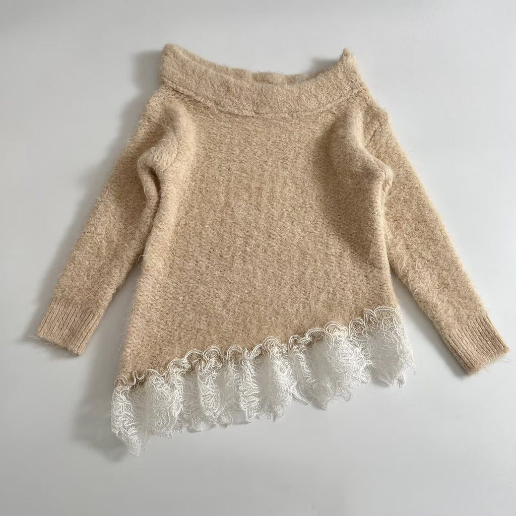 Women's Fuzzy Knit Sweater with Off-the-Shoulder Neckline and Lace Trim Fashion Glam