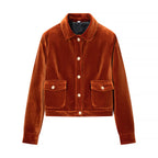 Women's short-cut velvet jacket in blouson style with flap pockets and decorative button placket Fashion Glam