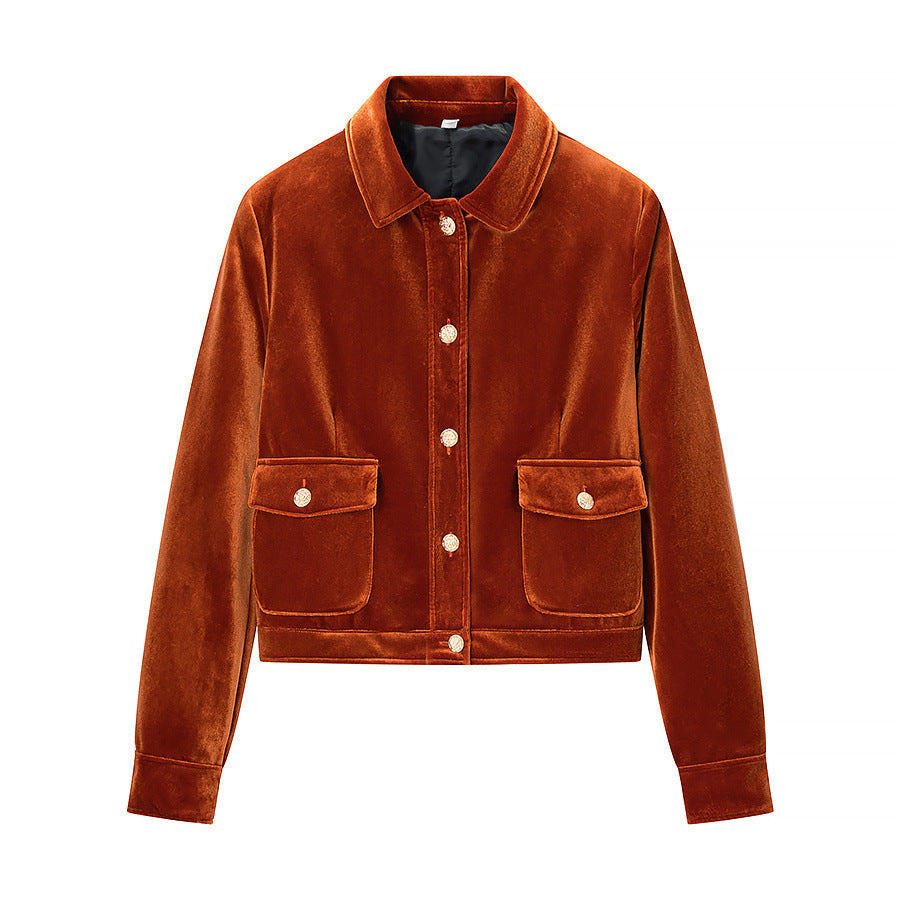 Women's short-cut velvet jacket in blouson style with flap pockets and decorative button placket Fashion Glam