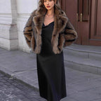 Ladies short jacket made of dense artificial fur with generous shawl collar Fashion Glam