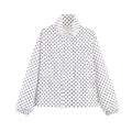 Ladies Cropped Polka Dot Transition Jacket with Stand-Up Collar and Waist Gathering Fashion Glam