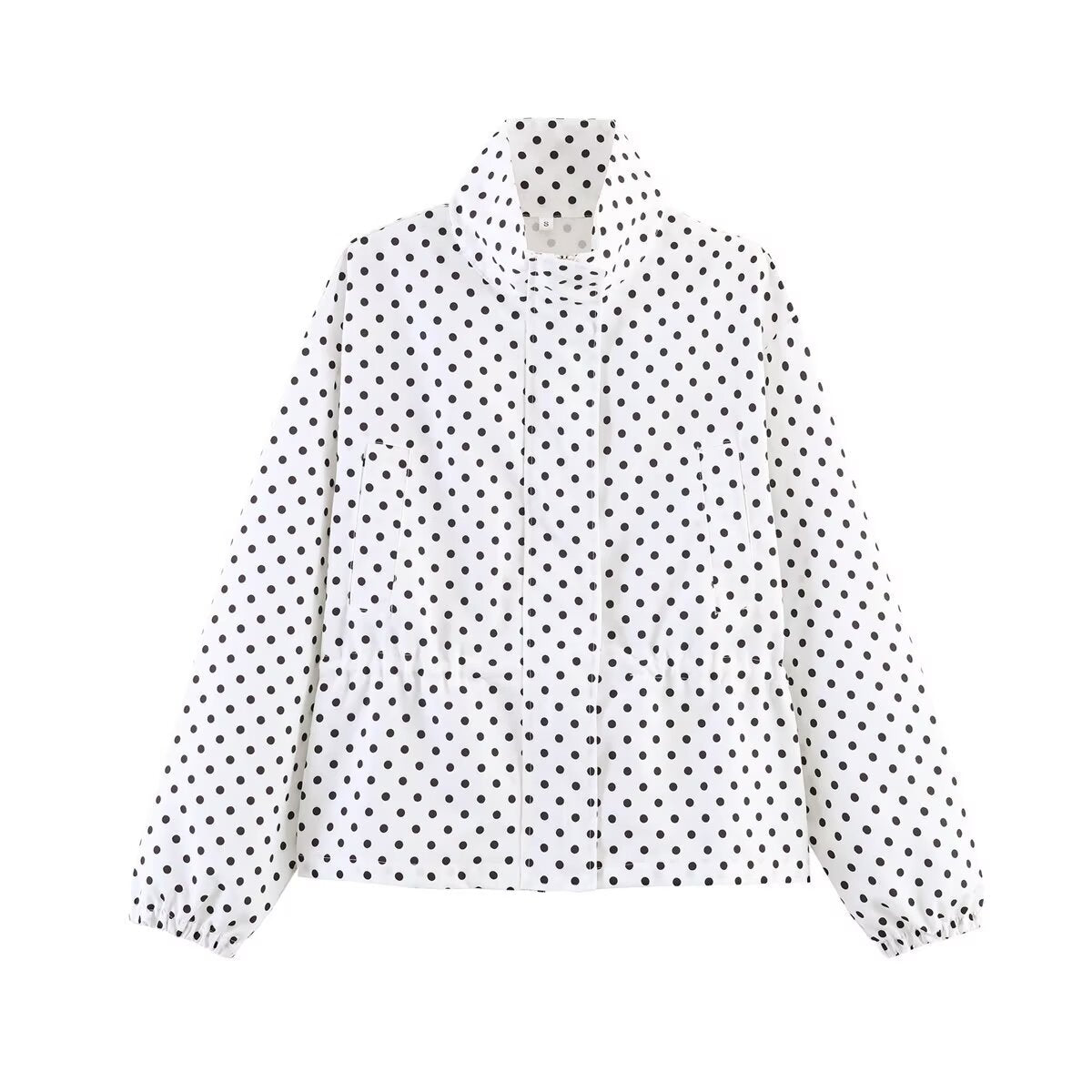 Ladies Cropped Polka Dot Transition Jacket with Stand-Up Collar and Waist Gathering Fashion Glam