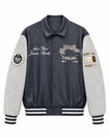 Men's Varsity Faux Leather College Jacket with Contrast Sleeves, Embroidered Patches and Ribbed Hem Fashion Glam