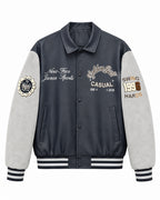 Men's Varsity Faux Leather College Jacket with Contrast Sleeves, Embroidered Patches and Ribbed Hem Fashion Glam