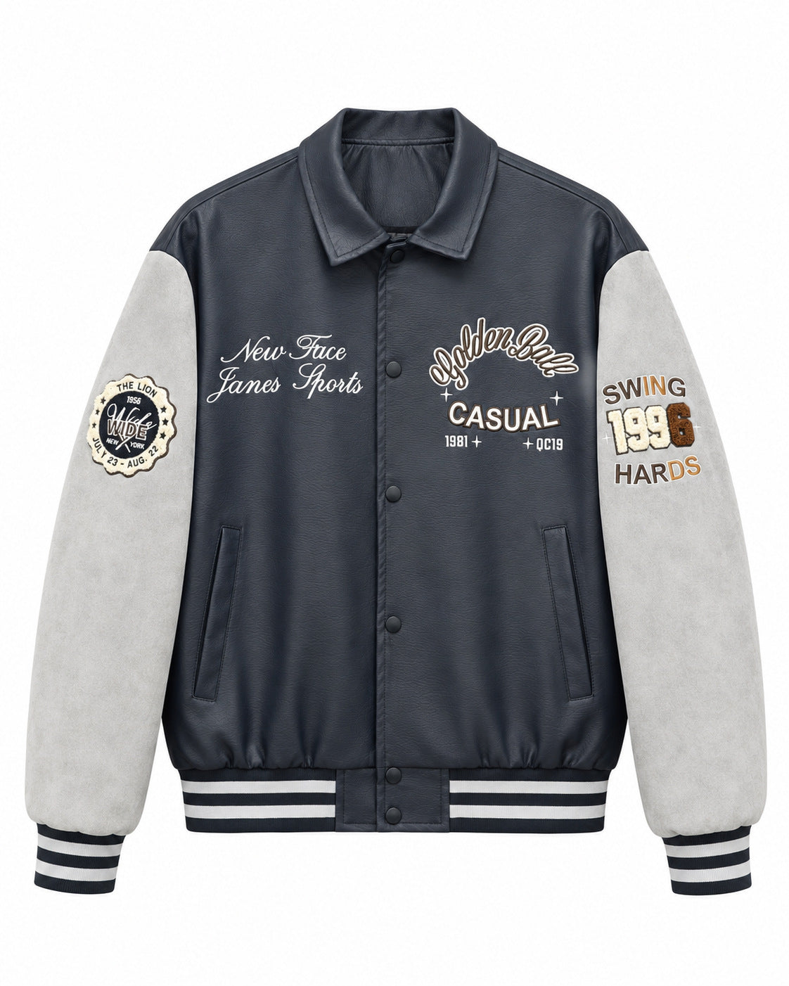 Men's Varsity Faux Leather College Jacket with Contrast Sleeves, Embroidered Patches and Ribbed Hem Fashion Glam