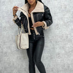 Women's aviator jacket in lambskin look with teddy lining and tailored biker silhouette Fashion Glam