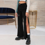 Ladies high-cut straight jeans with side leg slit and subtle rips Fashion Glam