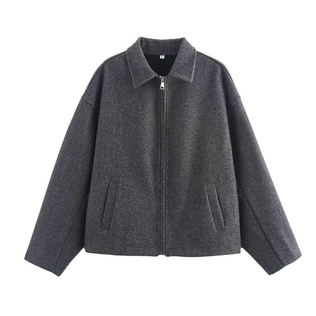 Ladies Oversize Wool Blend Cropped Jacket with Zipper and Shirt Collar Fashion Glam