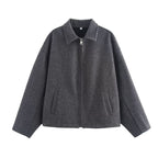 Ladies Oversize Wool Blend Cropped Jacket with Zipper and Shirt Collar Fashion Glam