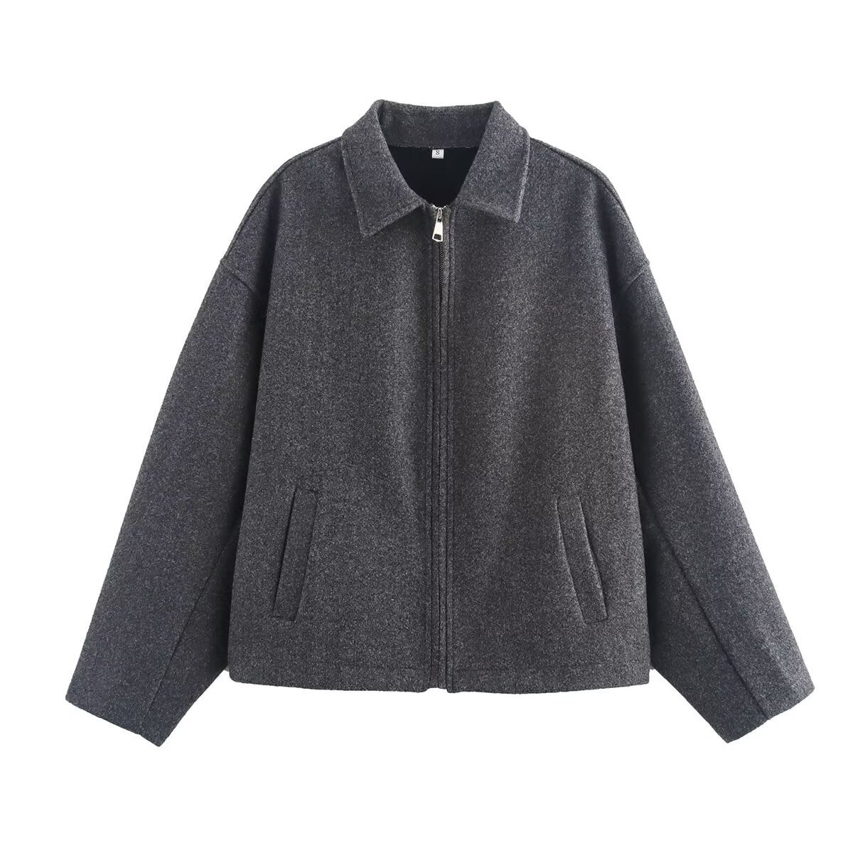 Ladies Oversize Wool Blend Cropped Jacket with Zipper and Shirt Collar Fashion Glam
