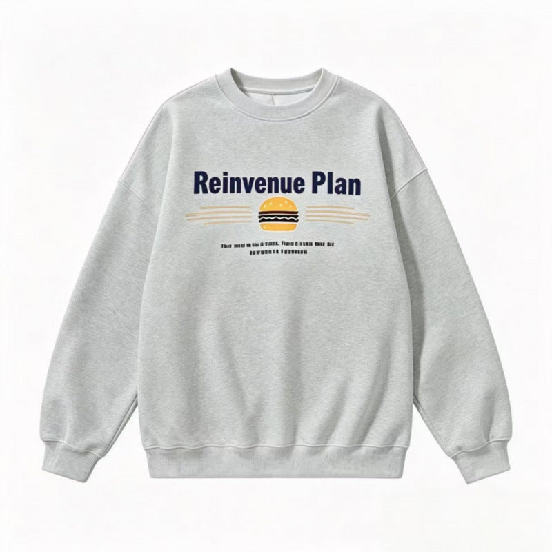 Unisex Oversize Sweatshirt with Retro Burger Print, Round Neckline and Ribbed Cuffs Fashion Glam
