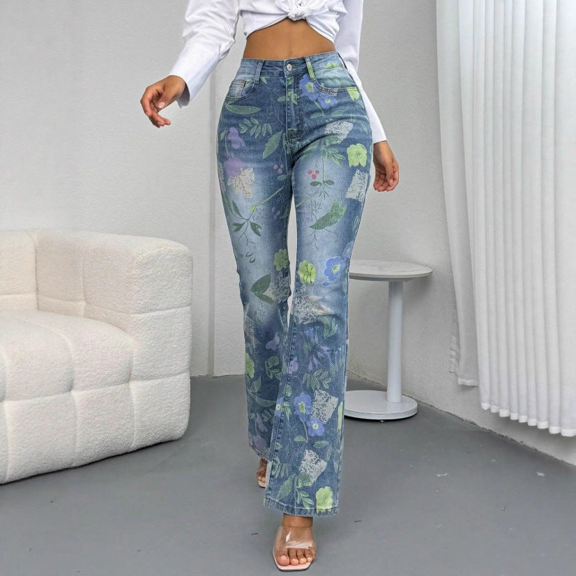 Women's High-Waisted Straight Jeans with Floral Allover Print and Slight Flare Fashion Glam