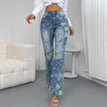 Women's High-Waisted Straight Jeans with Floral Allover Print and Slight Flare Fashion Glam