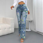 Women's High-Waisted Straight Jeans with Floral Allover Print and Slight Flare Fashion Glam