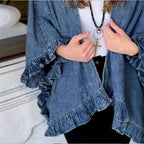 Women Oversized Jeans Kimono with Ruffle Edge and Open Fall Fashion Glam