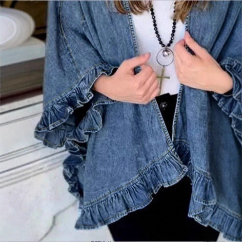 Women Oversized Jeans Kimono with Ruffle Edge and Open Fall Fashion Glam