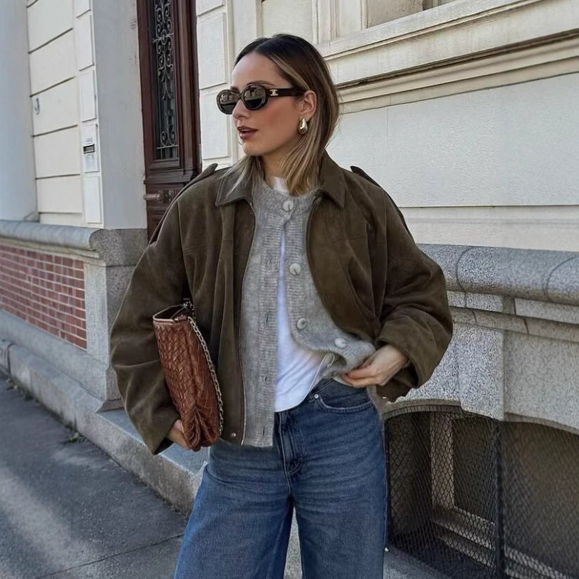 Women's Short Boxy Jacket in Oversized Suede Look with Balloon Hem Fashion Glam
