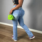 Women's jeans pants with high waist, straight leg, knee ribs and panel seams Fashion Glam