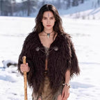 Women's short cape made of dense faux fur with decorative chain closure and zigzag hem Fashion Glam