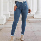 Women's High-waisted, figure-shaping Skinny Jeans with double decorative button placket Fashion Glam
