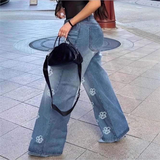 Ladies High-Waist Wide-Leg Denim Jeans with Floral Allover Embroidery Fashion Glam