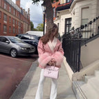 Women's short coat with shawl collar, tie belt and striking faux fur cuffs Fashion Glam