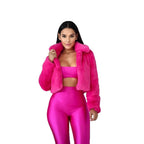 Women Cropped Faux Fur Blouson with tailored cut, stand-up collar and soft teddy finish Fashion Glam
