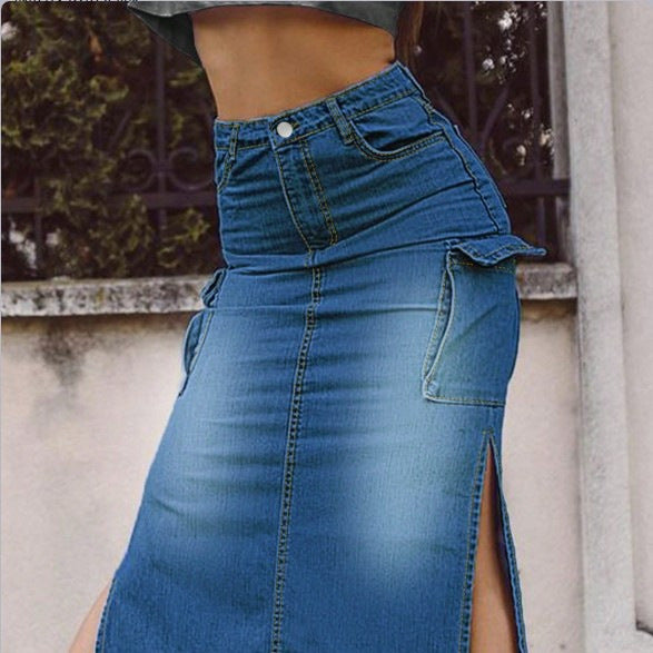 Women's High-Waisted Denim Midi Skirt with Cargo Pockets, Side Slits, and Waist-Defining Cut Fashion Glam